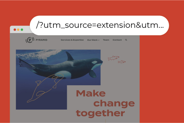Close up of a partial url that reads "/?utm_source-extension&utm..." overlaid on a screenshot of the Pyramid Communication homepage