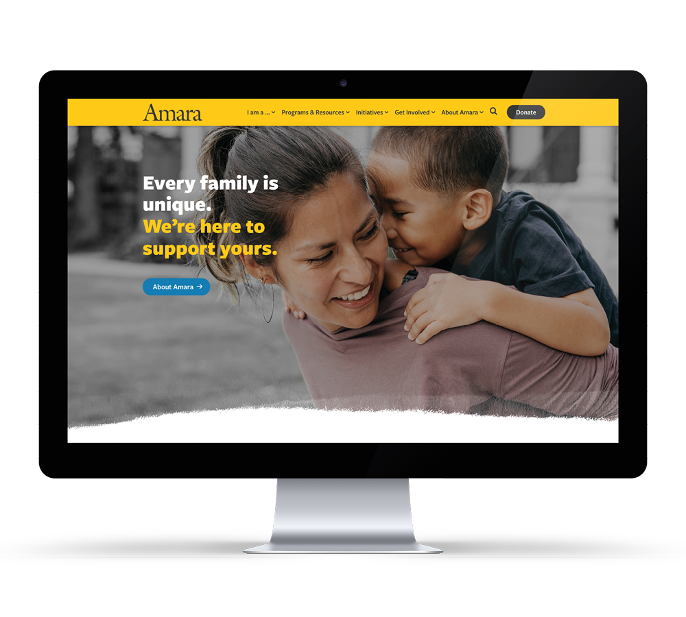 a desktop computer with the Amara website home page.