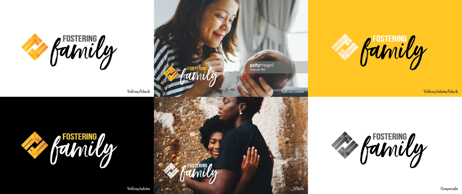 six versions of the Fostering Family logo on different color and photo backgrounds.