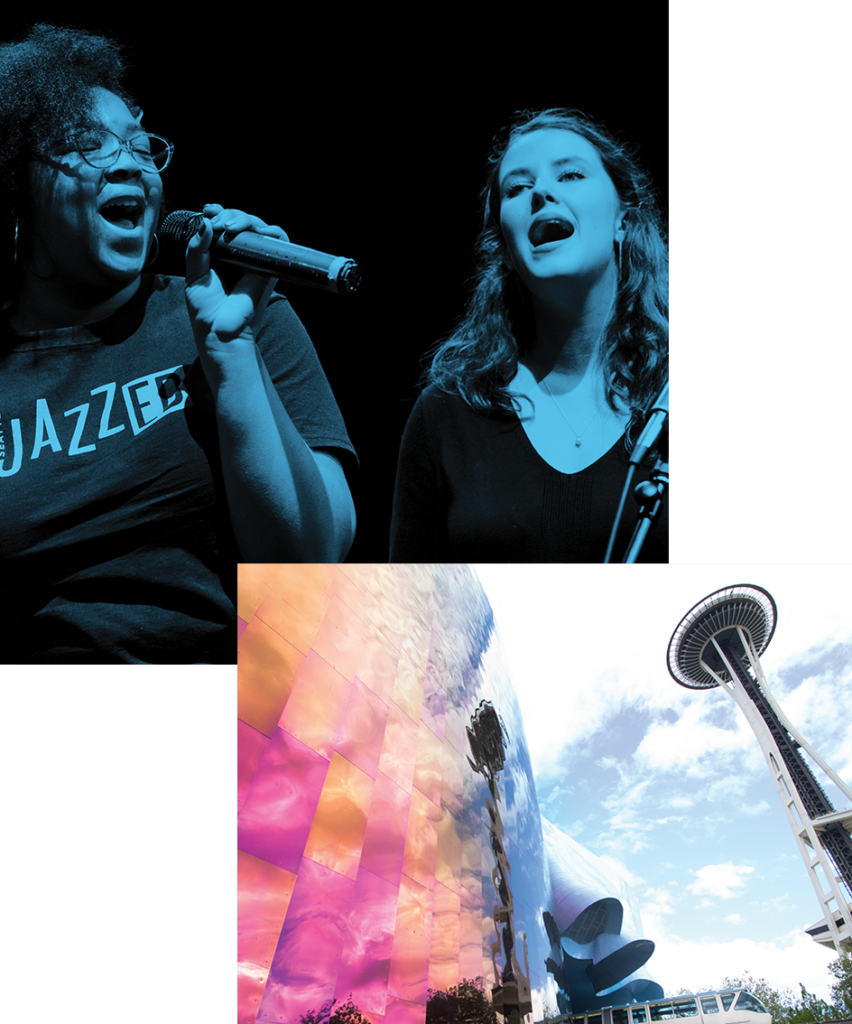 A collage of two images. The first shows one black woman wearing a JazzEd t-shirt and one white woman in a black shit sing into microphones. The photo has a blue overlay. The second photo shows one side of the Museum of Pop Culture and an upwards view of the Space Needle.