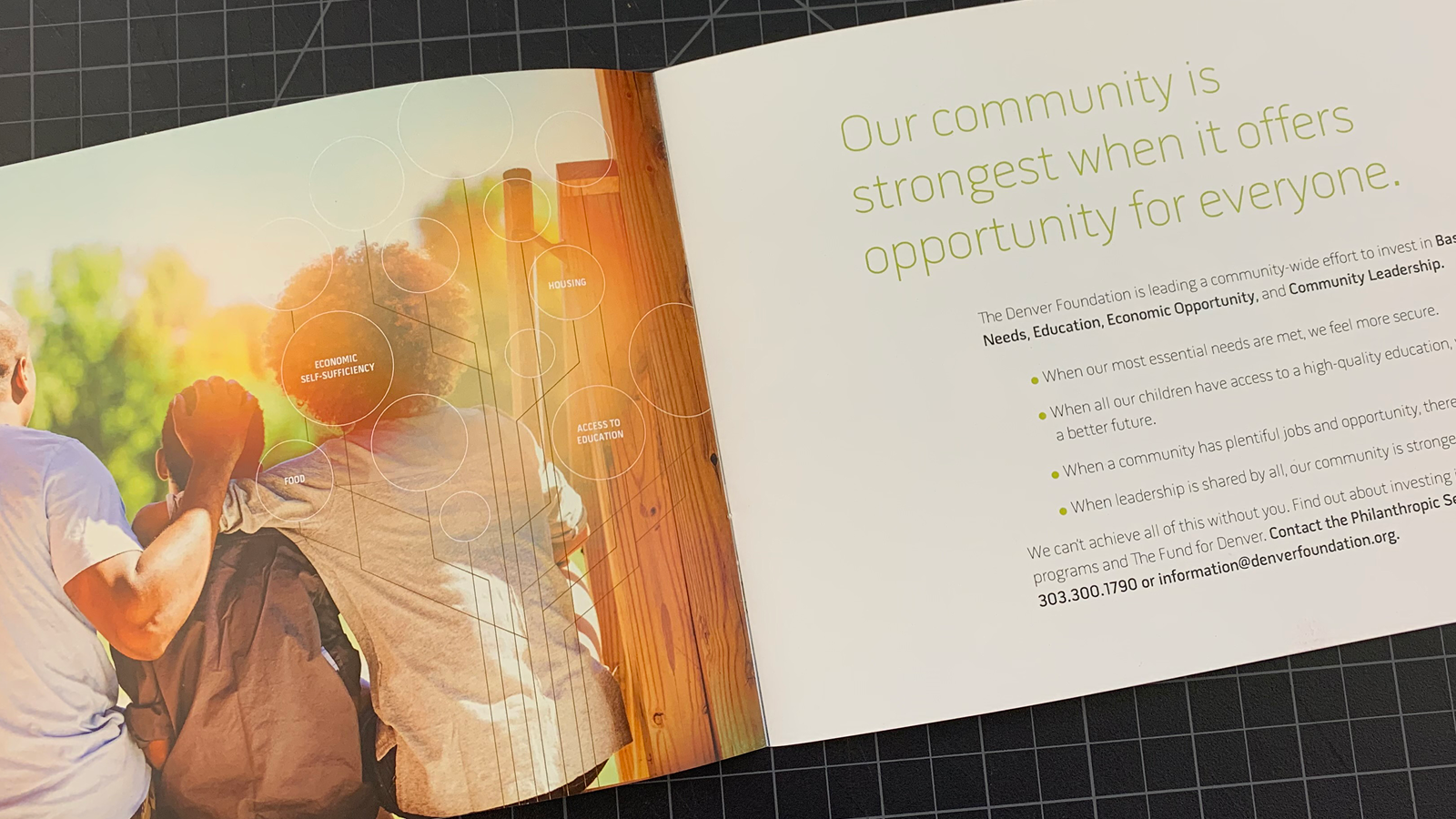 Photo of internal spread of The Fund for Denver designed booklet