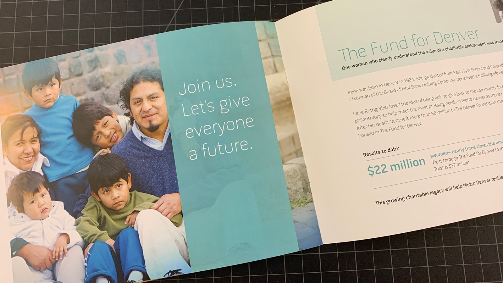 Photo of internal spread of The Fund for Denver designed booklet