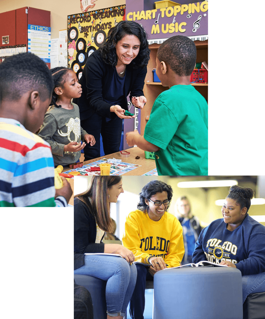 A collage of two images. The first shows three children gather around a teacher in a classroom setting. The second shows three college students sitting together and laughing. Two of them are wearing University of Toledo sweatshirts.