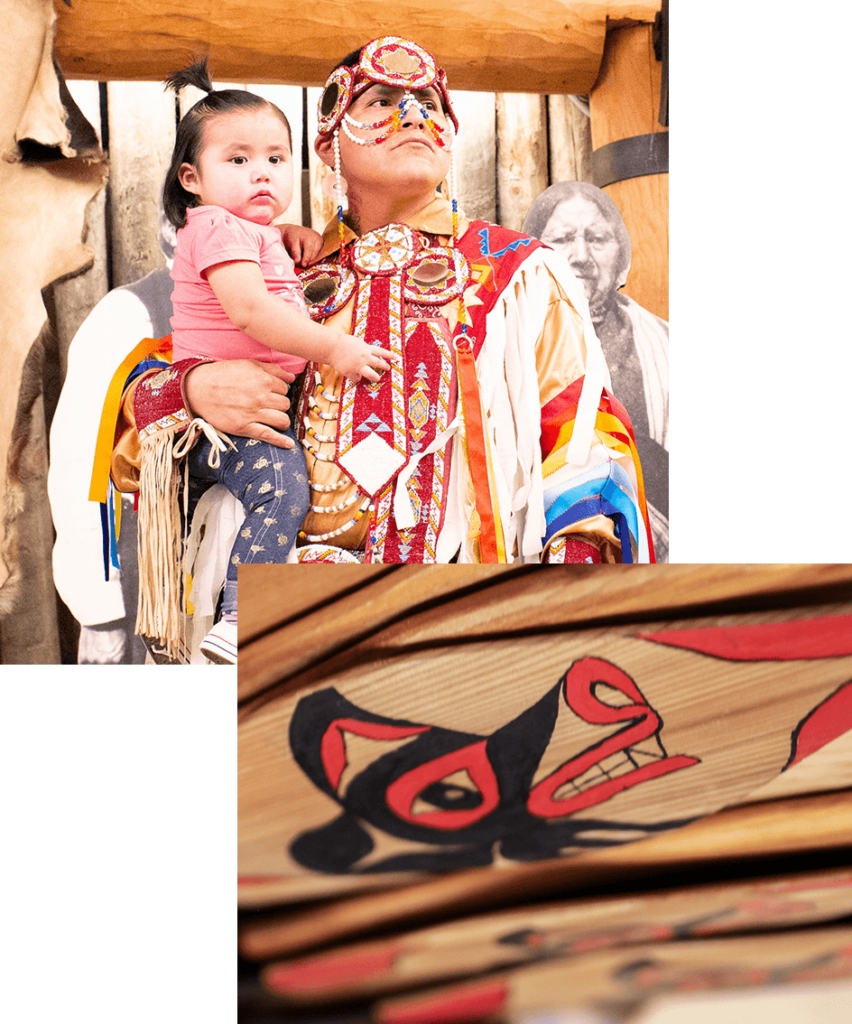 A collage of two photos. The first shows a Native person in full regalia looking beyond the camera. On his hip is a young Native child in jeans and a pink t-shirt. The second shows a close-up of oars with Native designs on them.