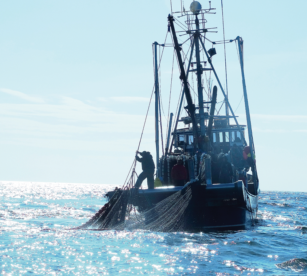 Fishing boat on the water dragging a net behind.