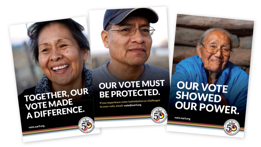 Image shows three poster examples featuring Native elders. Content on the posters reads: 1)