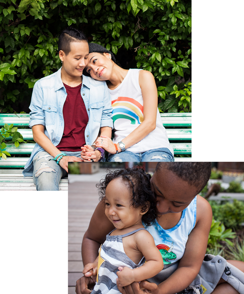 A collage of two photos. The first shows two queer women of color sitting on a bench, holding hands. One, who is wearing tank top with a rainbow on it leans against the other, who is wearing a red t-shirt and denim overshirt. The second shows a black parent and child holding hands.