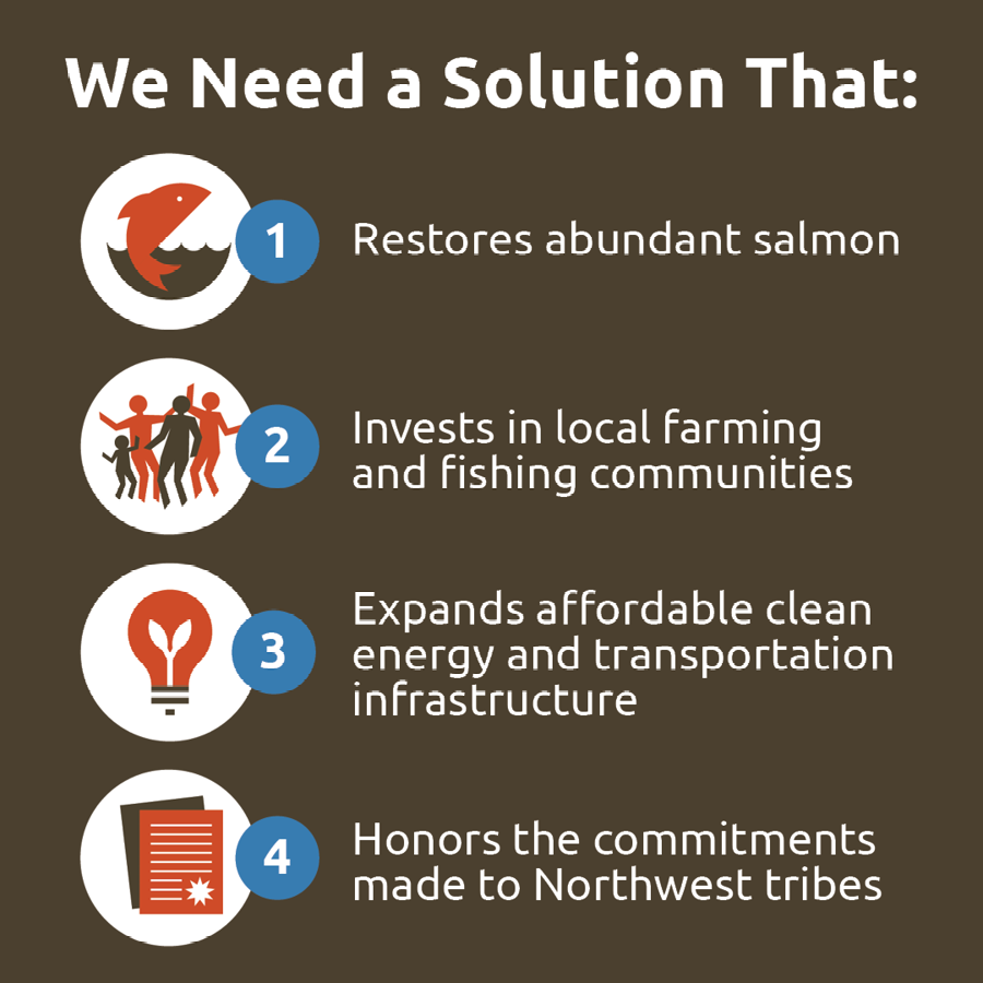 Brown background with white text that says: We Need a Solution That: [icon of salmon] 1. Restores abundant salmon; [icon of people dancing] 2. Invests in local farming and fishing communities; [icon of lightbulb] 3. Expands affordable clean energy and transportation infrastructure; [icon of papers with text] 4. Honors the commitments made to Northwest tribes