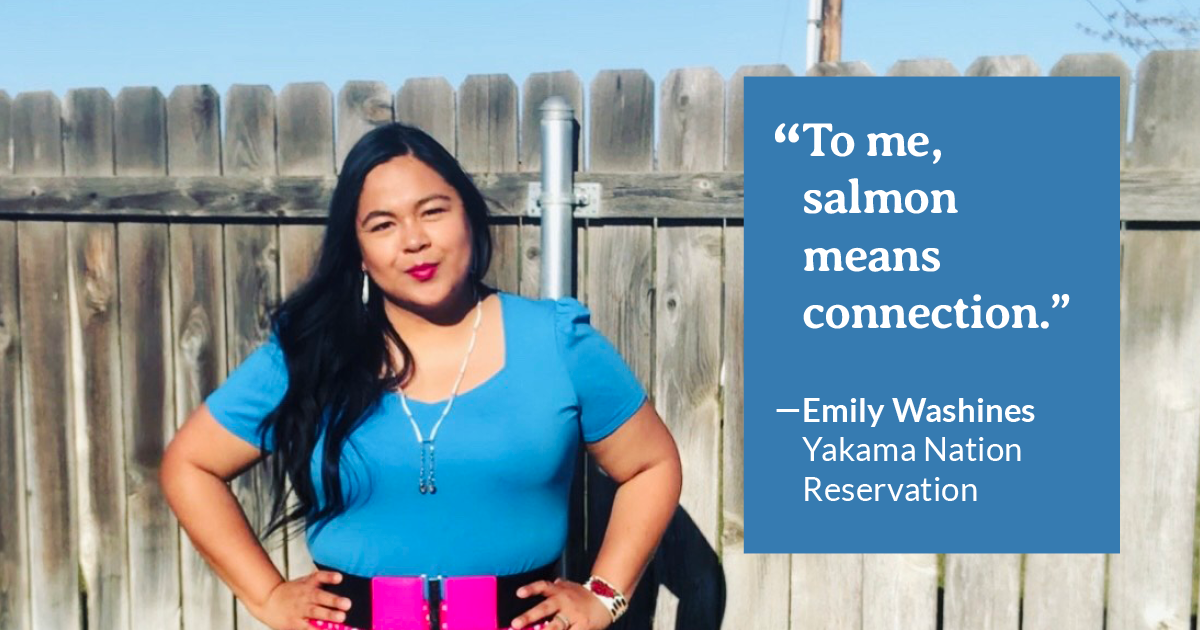 Image of a Native woman in a blue shirt in front of a fence with text that says: